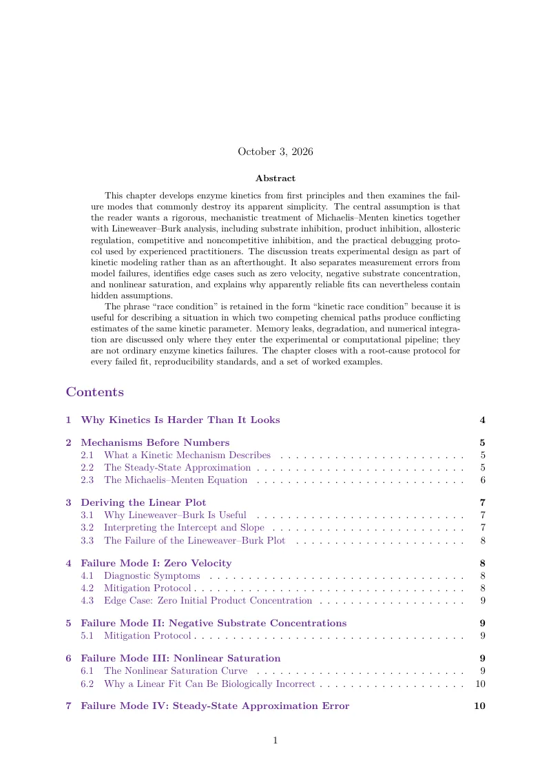 First page of Enzyme Kinetics: Michaelis-Menten Derivation and Lineweaver-Burk Analysis